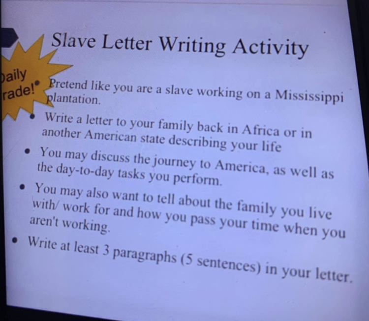 letter eighth-grade history Mississippi slavery enslaved Africans principal Purvis Middle School assignment exercise